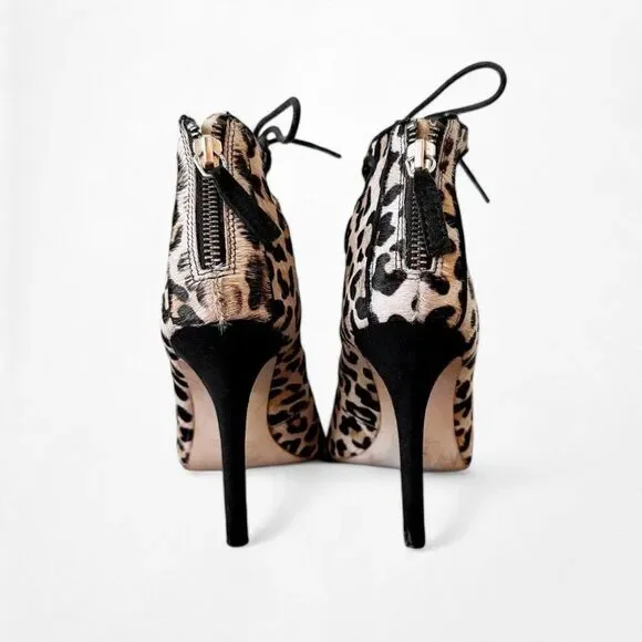 Zara Brown Leopard Print Ankle Lace Up Peep Toe Stiletto Heel Size 5.5/6